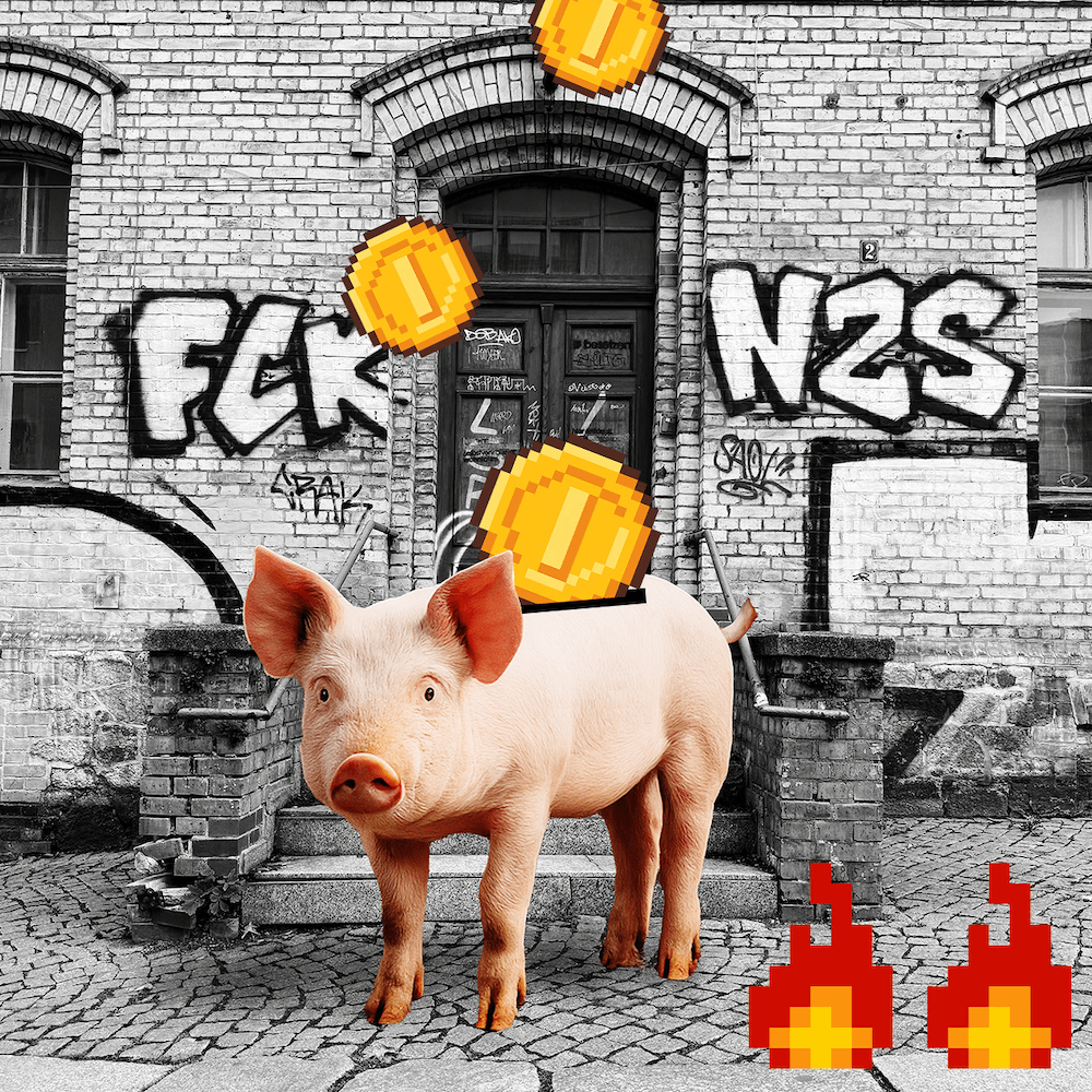 Schwein steht vor einer FCK NZS Graffiti-besprühten Hauswand, während pixelige Münzen von oben fallen